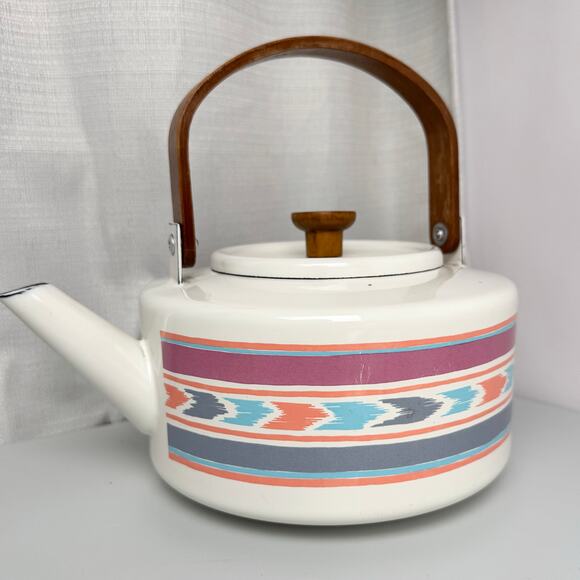 Vintage Enamel Tea Kettle Southwestern Aztec Stripe Design Wooden Handle Boho - Picture 2 of 8